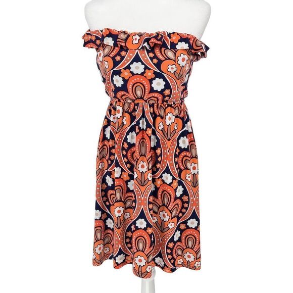 Judith March Boho Off-Shoulder Mini Dress Small Retro Floral Orange Navy Ruffle - Picture 1 of 11
